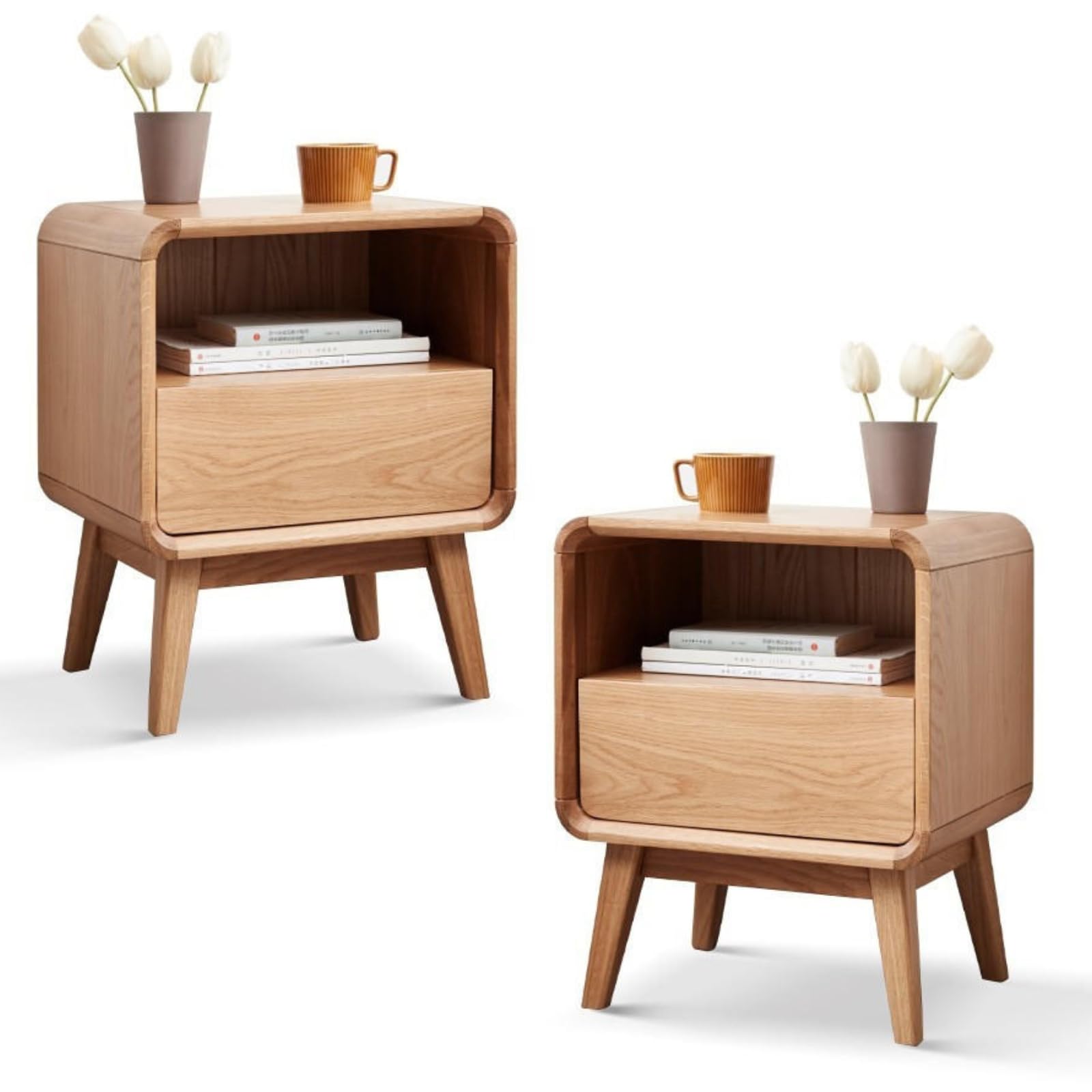 Grewood 100% Solid Oak Wood Bedside Table - Small Nightstand with Drawer and Shelf Storage - Low Side End Table for Bedroom,Living Room (one Drawer