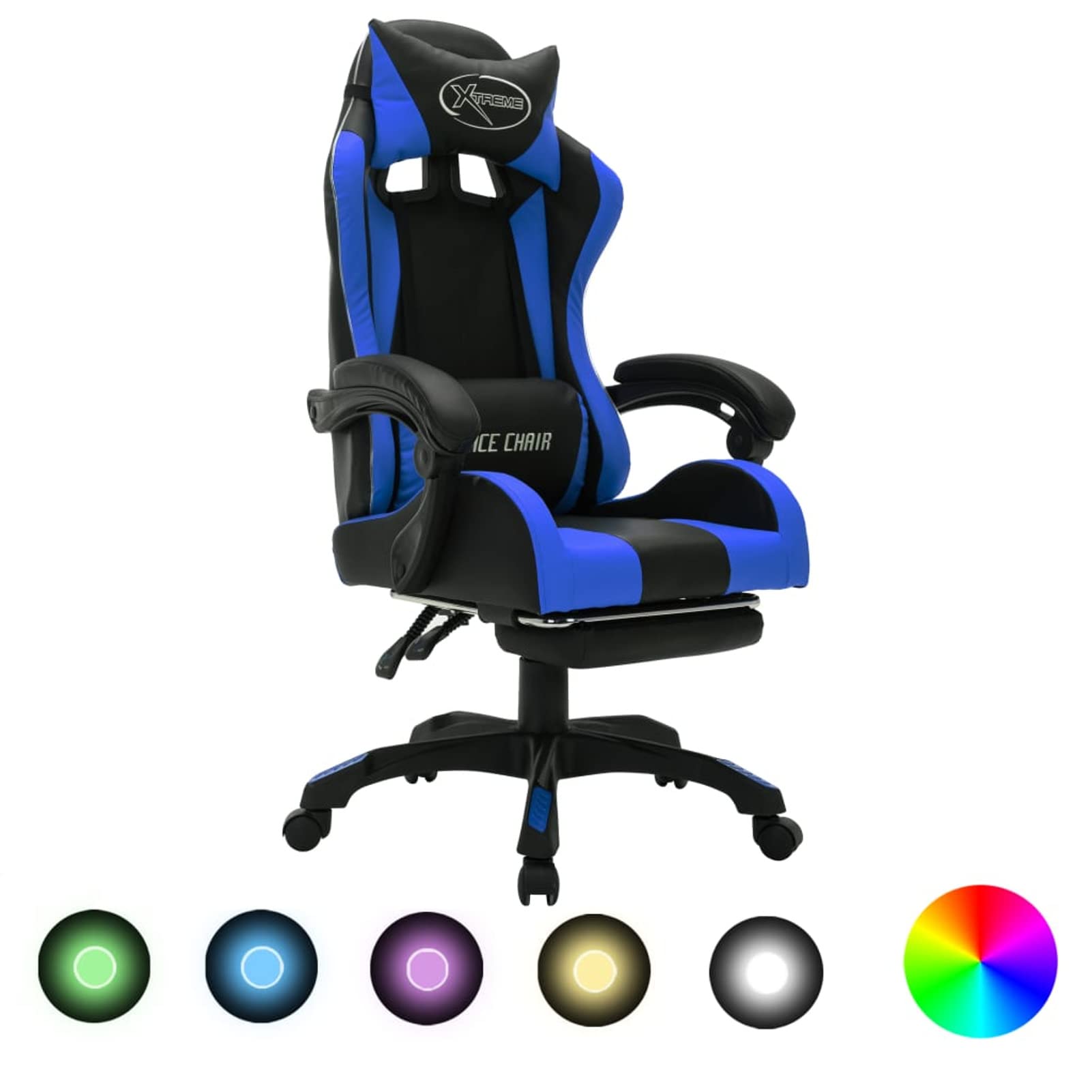 Rantry Silla de Gaming con Luces LED RGB Azul y Negra de Piel Sintética, Reclinable, con Cojines para la Cabeza y la Cintura, Ajustable en Altura, para Juegos y Trabajo