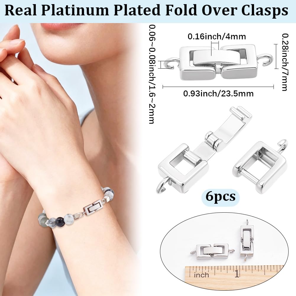 Beebeecraft 1 Box 6Pcs Foldover Clasp Platinum Plated Brass Bracelet Extender Clasp Fold Buckle Necklace Extension Fasten Repair Links Closure End Caps for Bracelet Necklace Jewelry Making DIY Crafts image 2