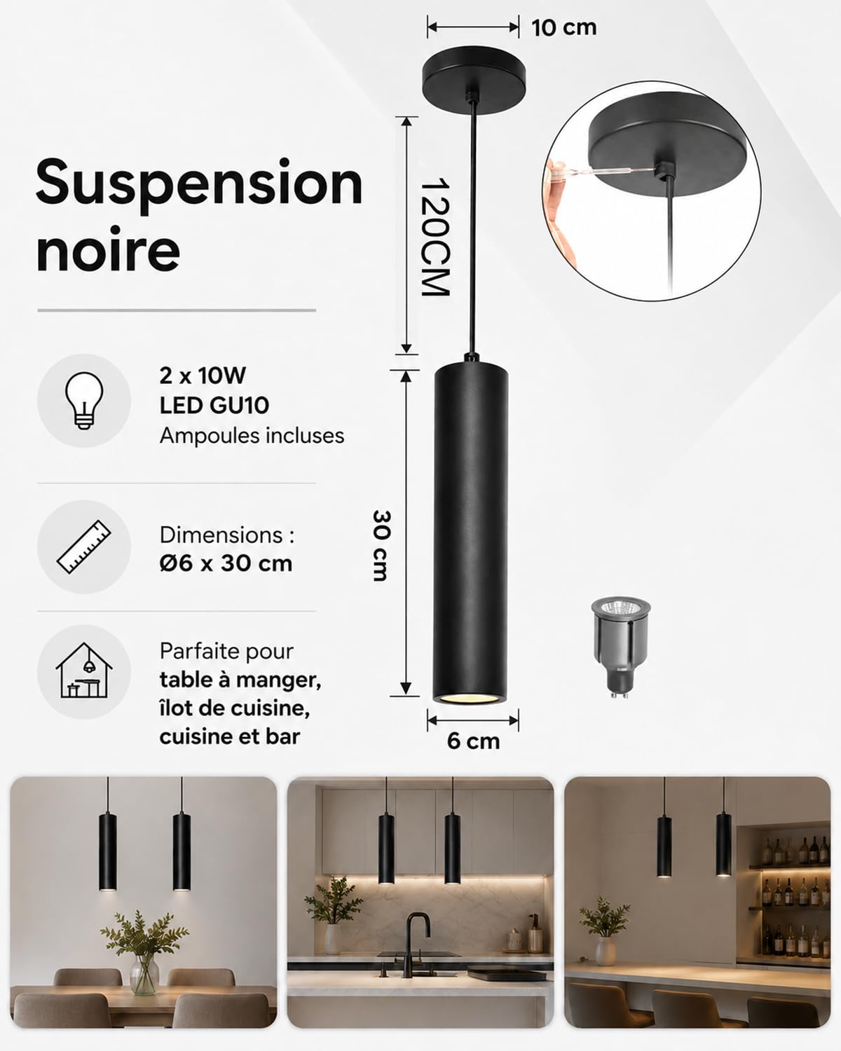 ACMHNC Suspension luminaire GU10, luminaire suspendu Noir pour Cuisine | 10W 3000/4000/6000 K, Aluminium, Hauteur Réglable 120cm, Pour Chambre ou Comptoir, Ø6 x 30 cm