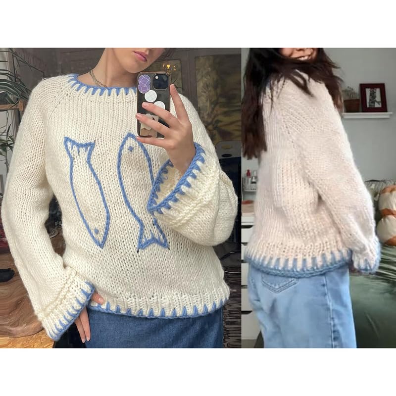 Image of SOOKABEILA Women Y2K Graphic Sweater Top Long Sleeve Knit Print Pullover Oversized Loose Aesthetic Fall Sweatshirt