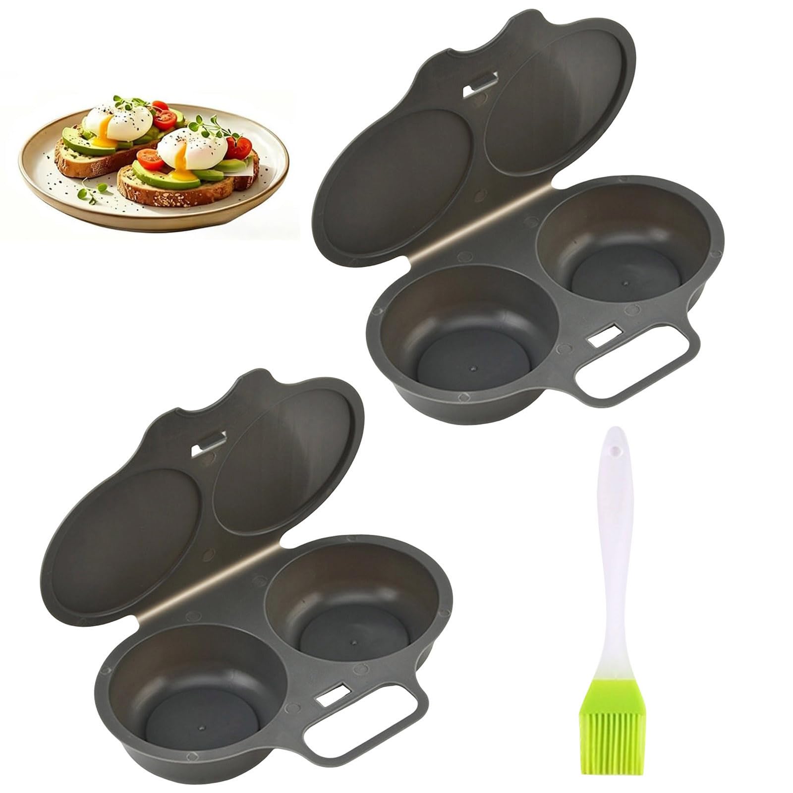 2PC Microwave Egg Poacher With Lid & Handle,2 Cavity Microwave Egg Poacher (Black 2Pc + Brush)