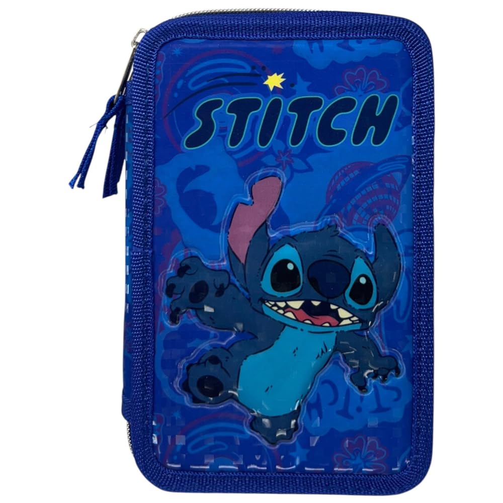CARTOON 3 Zip Pencil Case for School Complete 44 Pieces Stationery Pen Papermate Markers Giotto Accessory for Kids and Teens, Stitch, 20 x 13 x 6 cm, Pencil Cases - Image 3