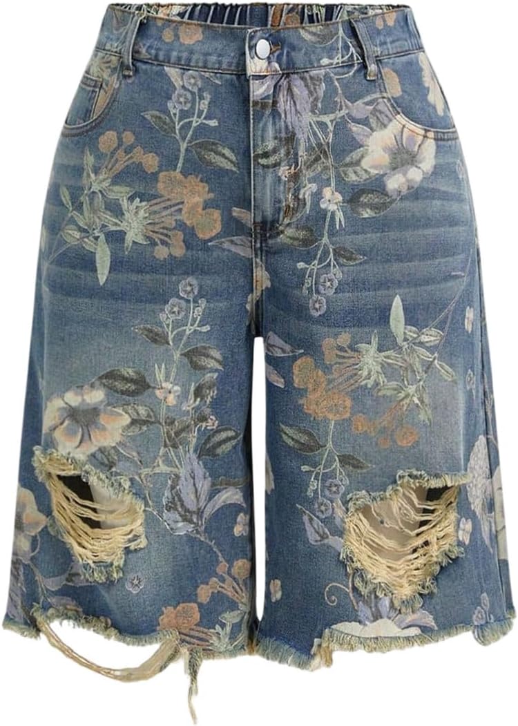 WDIRARA Women's Plus Size Floral Print Distressed Denim Bermuda Shorts High Waist Frayed Hem