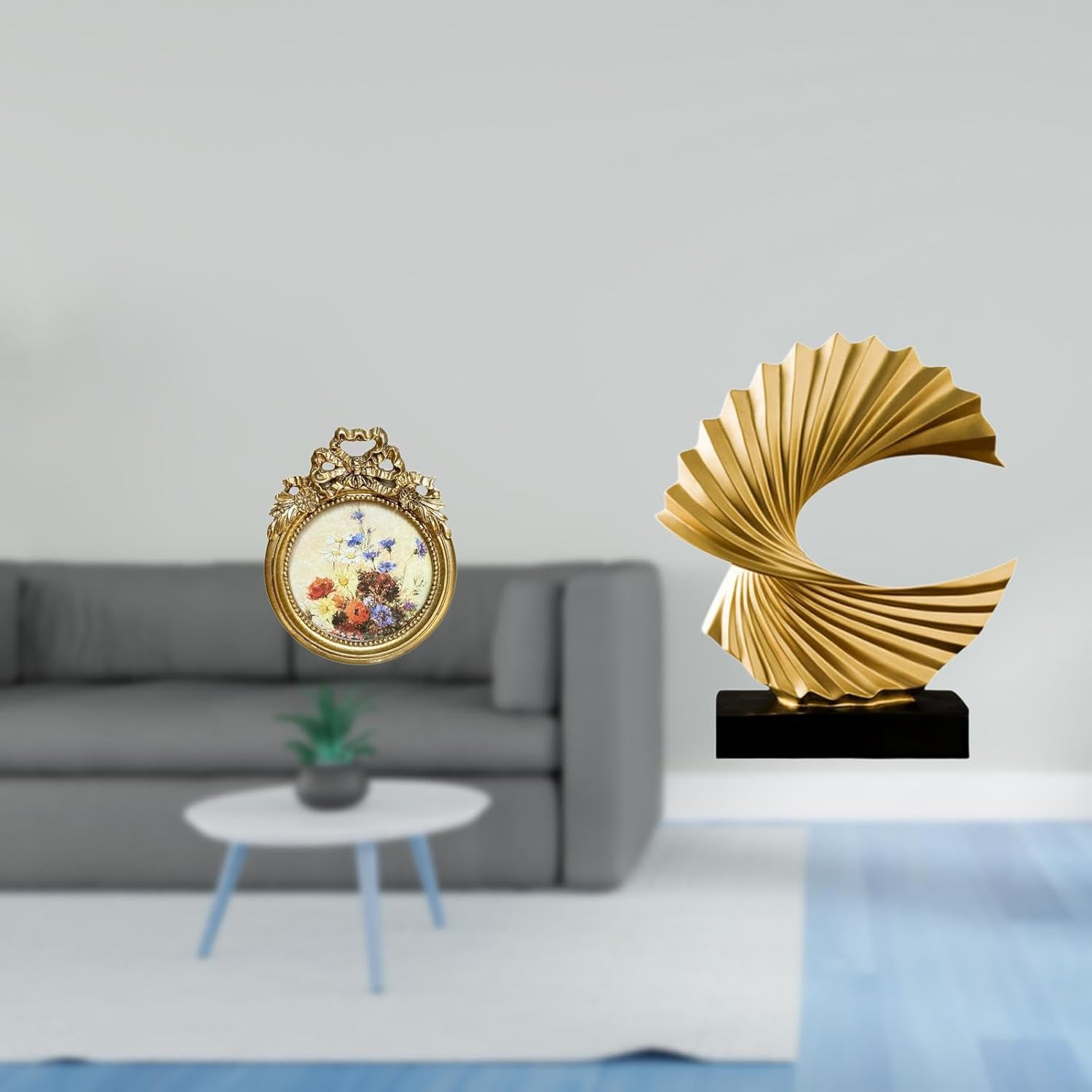 Fenteer Round Picture Frame Small Vintage Golden Resin Photo Frame Wave Sculpture Decorative Ornate Hand Crafted Suitable for Home Office