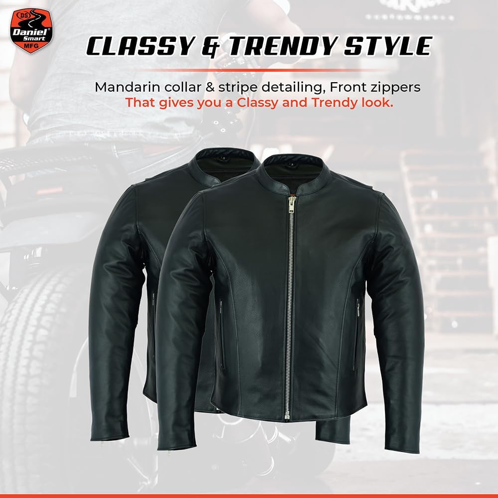 Daniel Smart Men’s Motorcycle Leather Jacket – Scooter Leather Jacket with stripe detailing and inside pockets
