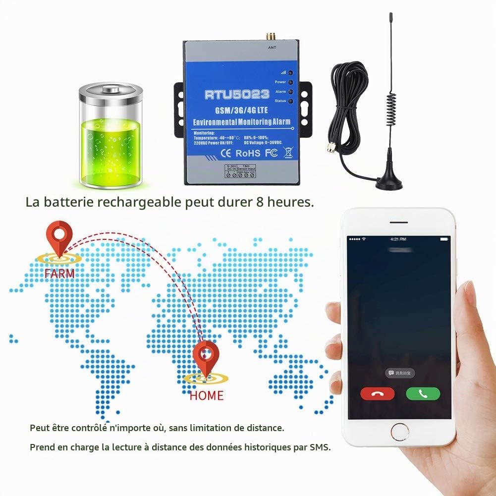 Sonew Alarme de Moniteur d'humidité de la température GSM Système d'alarme sans Fil RTU5023 pour la température, l'humidité et la Tension, télécommande SMS/Appel téléphonique(Moi)