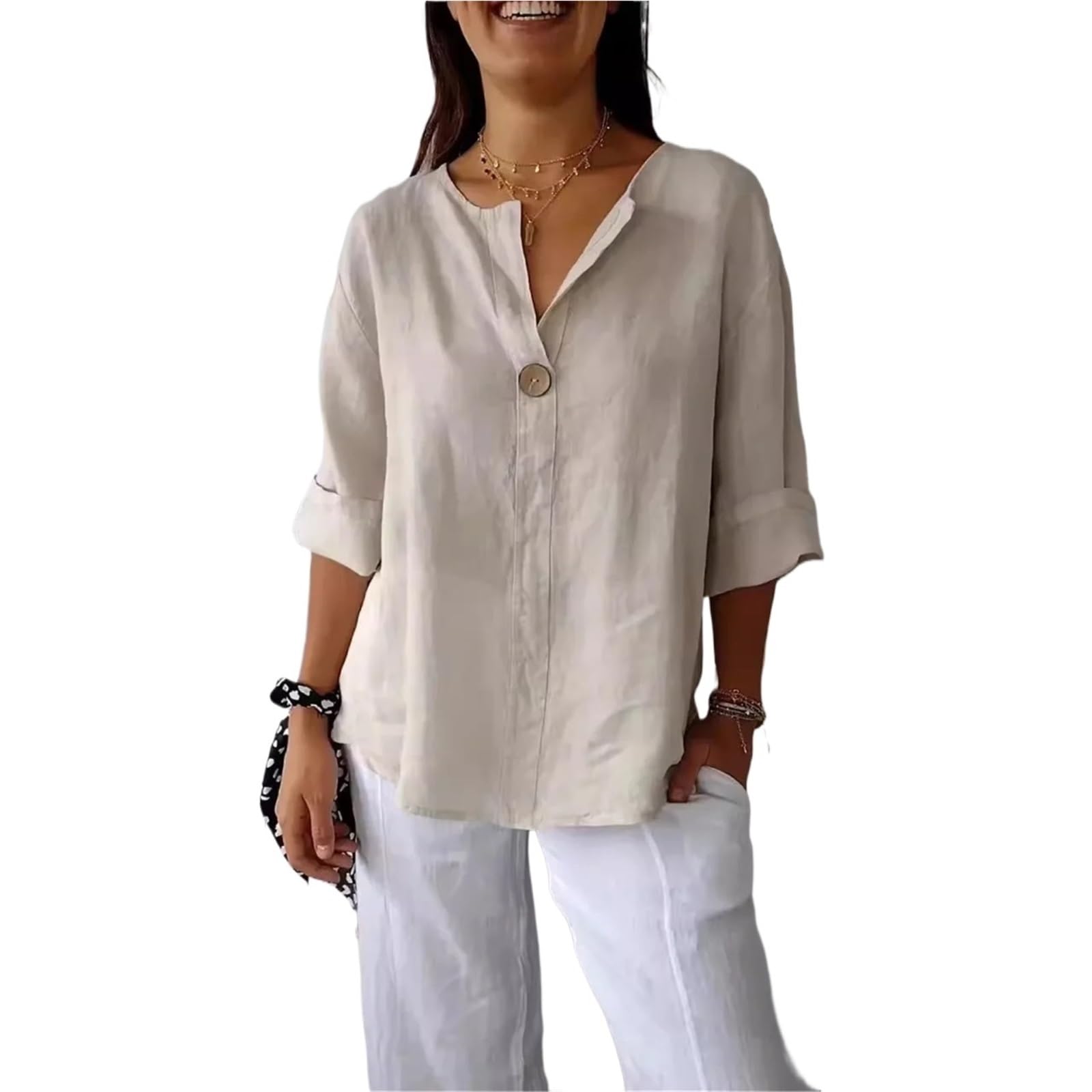 Copricostume Donna Camicie Da Donna Camicette Magliette Con Scollo A V | Pullover ampio in lino casual con maniche a 3/4(Color2,L)