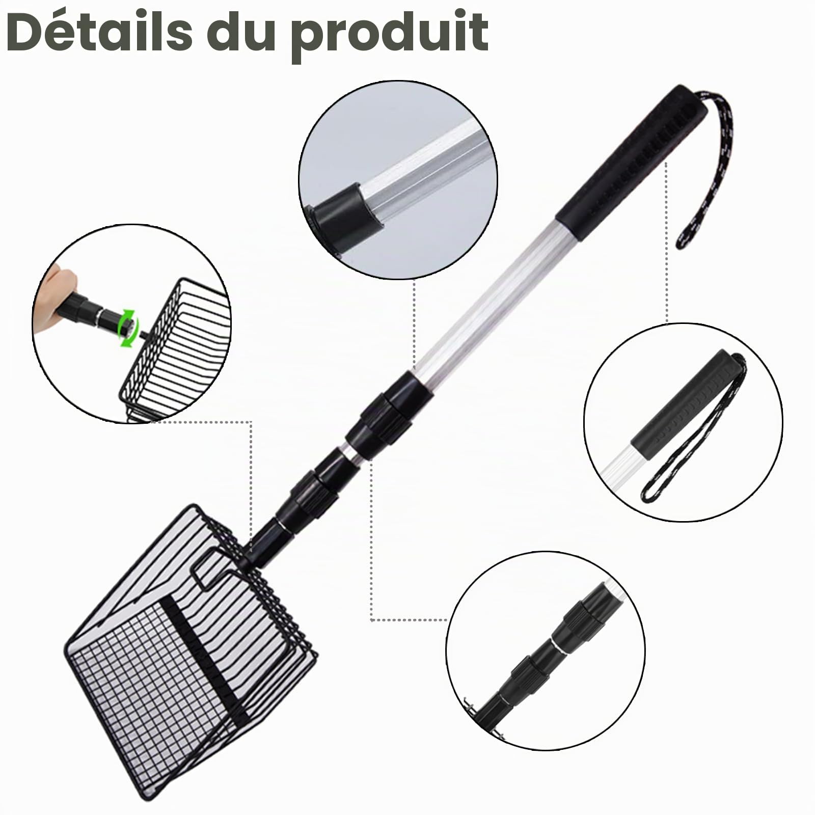 Pelle à Litière Pour Chat, Pelle à Litière Pour Chat Métal, 58cm -106cm Pelle à Litière à Long Manche Ajustable, Pelle à Crottes De Poulet, Amovible, Scoop De Nettoyage Pour Animaux De Compagnie