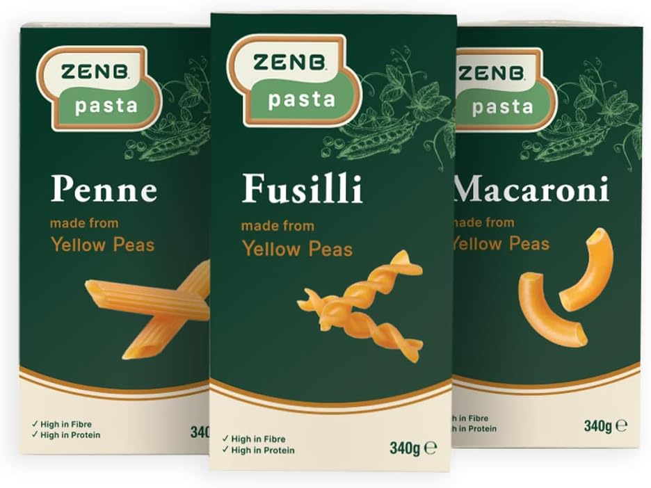 ZENB 100% Yellow Pea Pasta Macaroni, Penne and Fusilli - Vegan and Gluten Free Pasta - 21 g Protein Per 100g (3 Pack)
