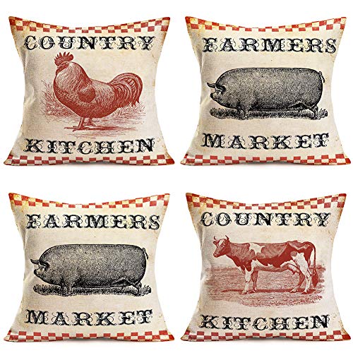 Tlovudori Vintage Farm Animals Pillow Covers Buffalo Plaids Farm Market Fresh Dairy Cattle Caw Pigs Big Rooster Quote Words Cotton Linen Pillowcase Home Sofa Decor Cushion Cover Va Farm 18×18