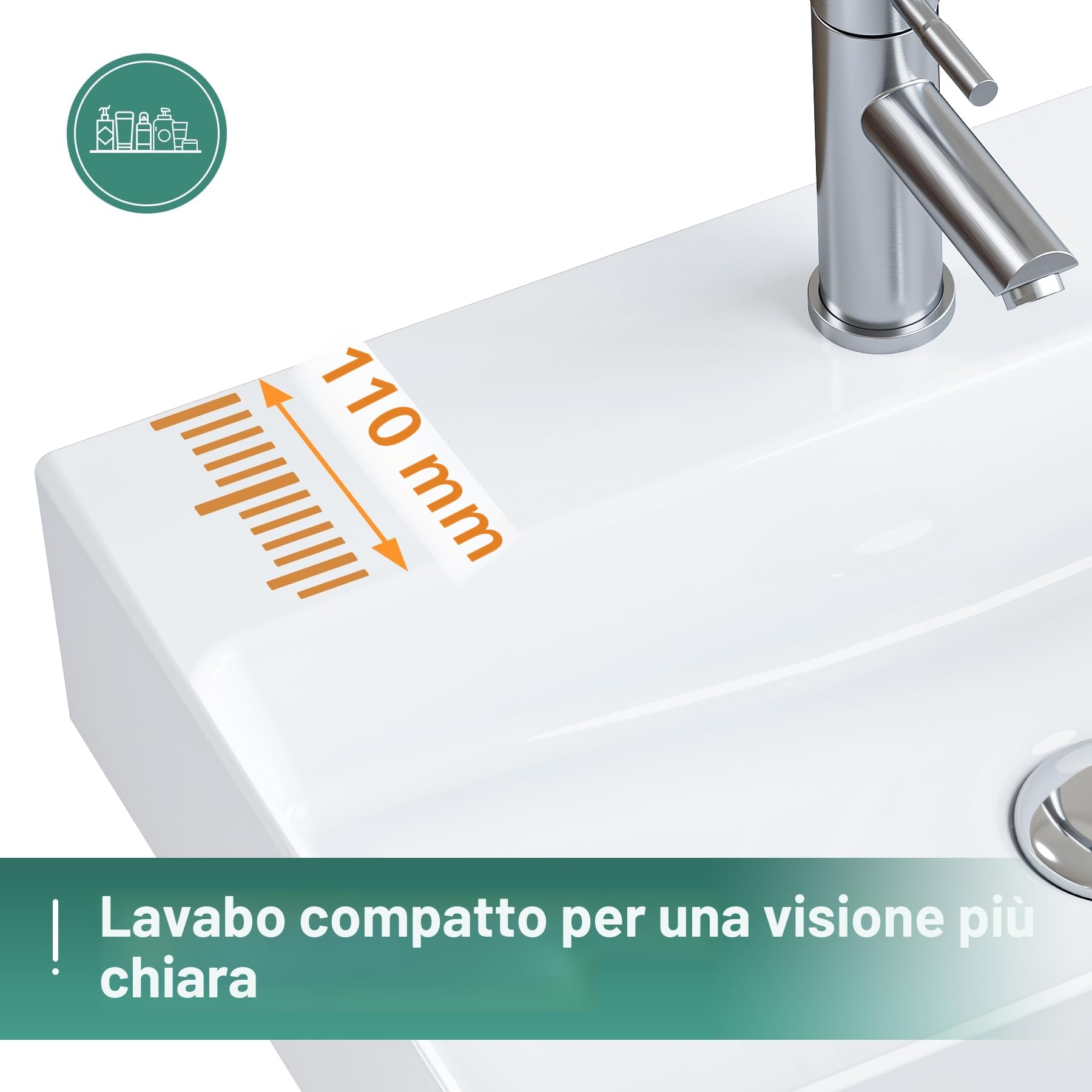 HOROW Lavabo a parete sospeso in ceramica bianco, rettangolare, 46 x 30 cm, lavandino con foro per rubinetto senza troppopieno, piccolo lavandino per ospiti | Lavabo sospeso, rettangolare, con foro per rubinetto senza troppopieno, 46 x 30 cm