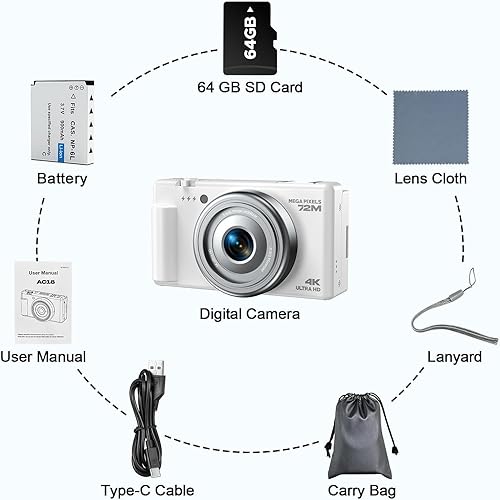 Miniatura 8 de Cámara digital 4K para fotografía, cámara de videoblogs de 72 megapíxeles para YouTube, cámaras digitales de enfoque automático con pantalla Blanco