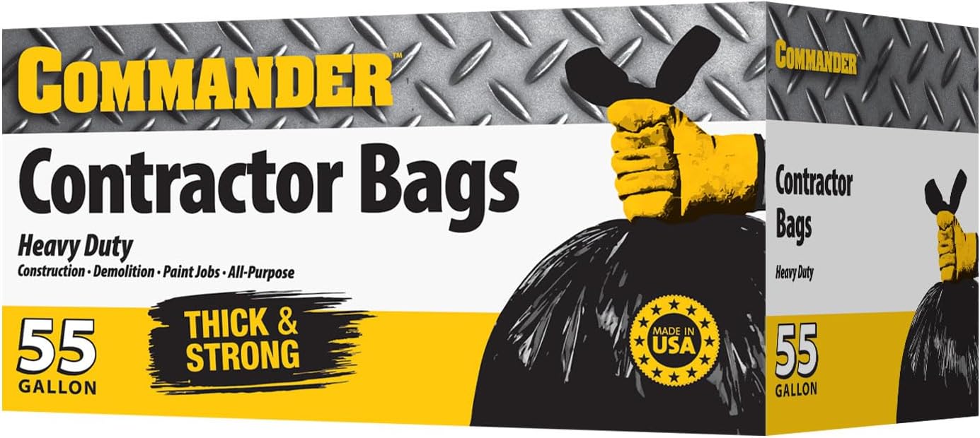 Commander 55 Gallon 3 MIL (eq) Heavy Duty Contractor Bags with Flap Ties - 36" x 56" with flaps - For Contractor,Industrial,& Outdoor,(Pack of 20)