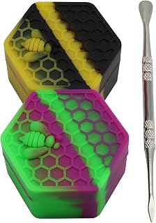 Jiozermi 3 Pcs Wax Silicone Container Jar Tools, Include 2 Hexagon Honeybee Jars, 1 Wax Carving Tool, Non-Stick Jars for Kitchen Storage/Oil Enthusiasts(Yellow and Green)