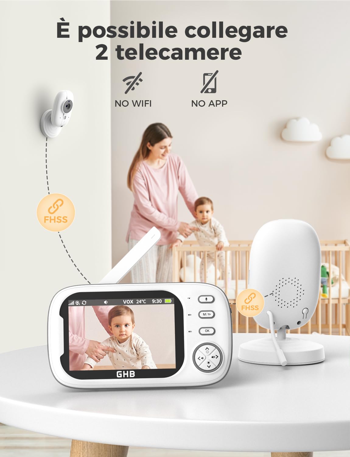 GHB Baby Monitor 3.5'' 720HD Kamera z Audio, 2000mAh, Komunikacja Dwukierunkowa, VOX, Nocne Widzenie, Monitorowanie Temperatury