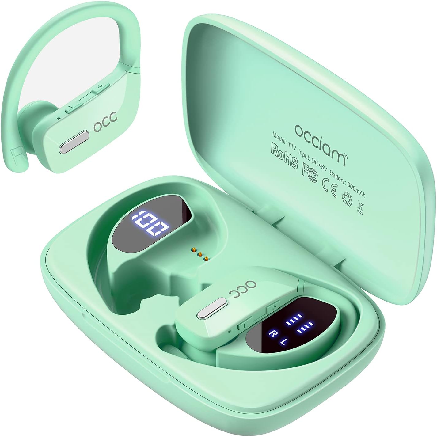 occiam Wireless Earbuds Bluetoth Headphones 48H Play Back Earphones in Ear TWS Waterproof with Microphone LED Display for Sports Running Workout Green
