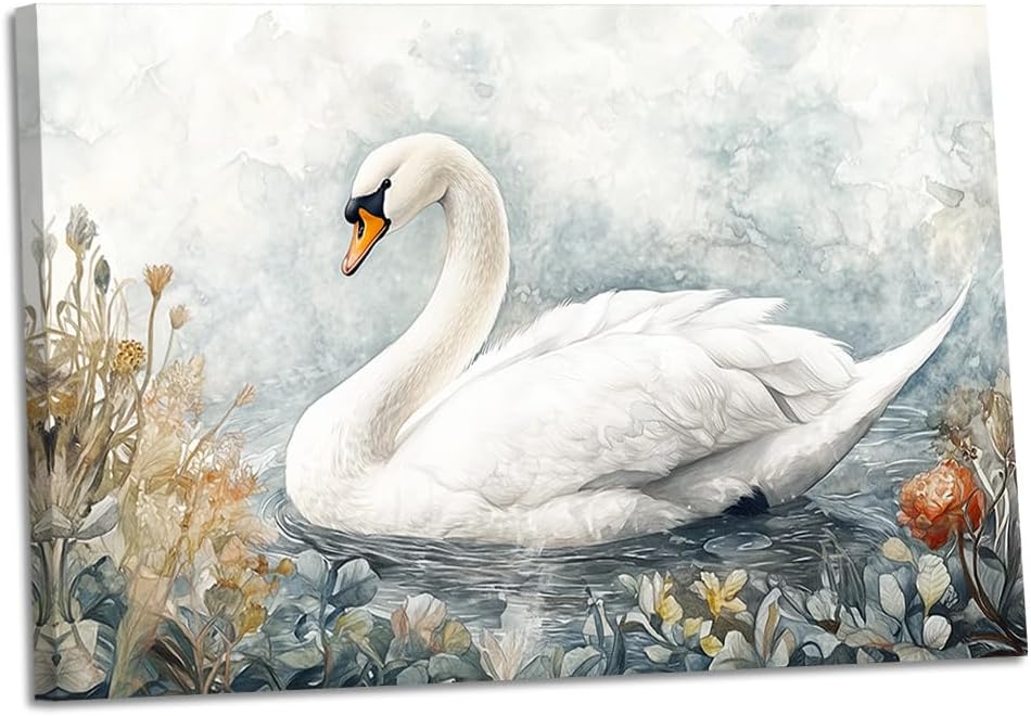 ZQQART Large Swan Wall Art Elegant White Swan on the Lake Canvas Prints Nursery Wall Decor Home Decor (blue,12" Wx18 L)