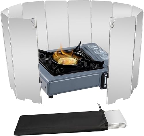 Miniatura 9 de Parabrisas de estufa, parabrisas de estufa de 10 platos, parabrisas plegable de aluminio para campamento, parabrisas plegable ligero y compacto con
