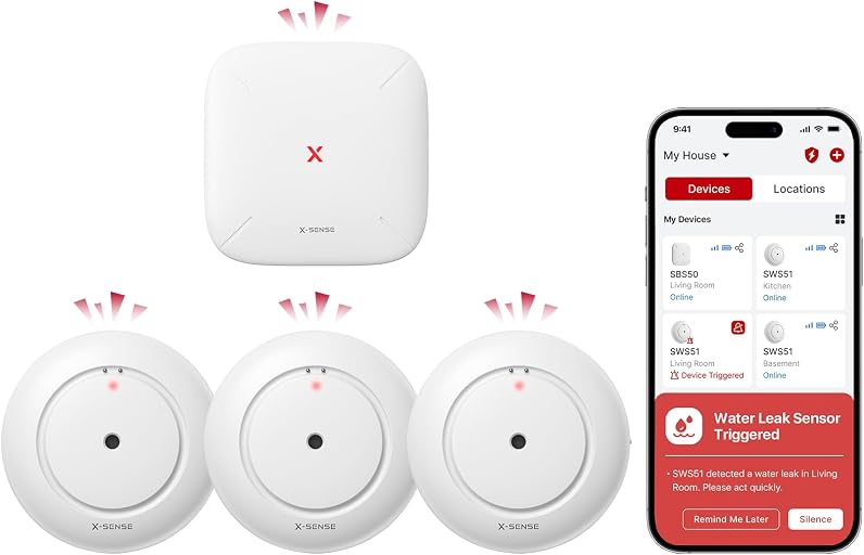 X-Sense Wi-Fi Water Leak Detector Kit, 110 dB, 3 Sensors + Base Station | Real-Time Alerts, 1700 ft Range, IP66 Waterproof, Detects Water as Low as 0.4 mm, for Sinks & Washers