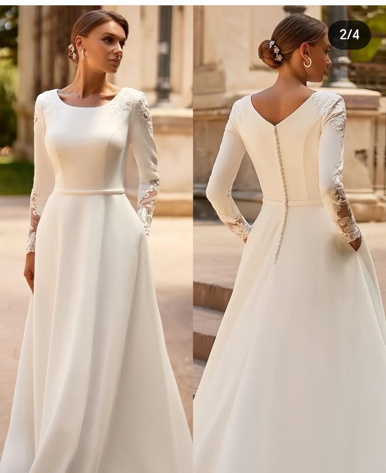 TSxuelian Abiti da sposa a maniche lunghe in raso Applique in pizzo Un abito da sposa linea