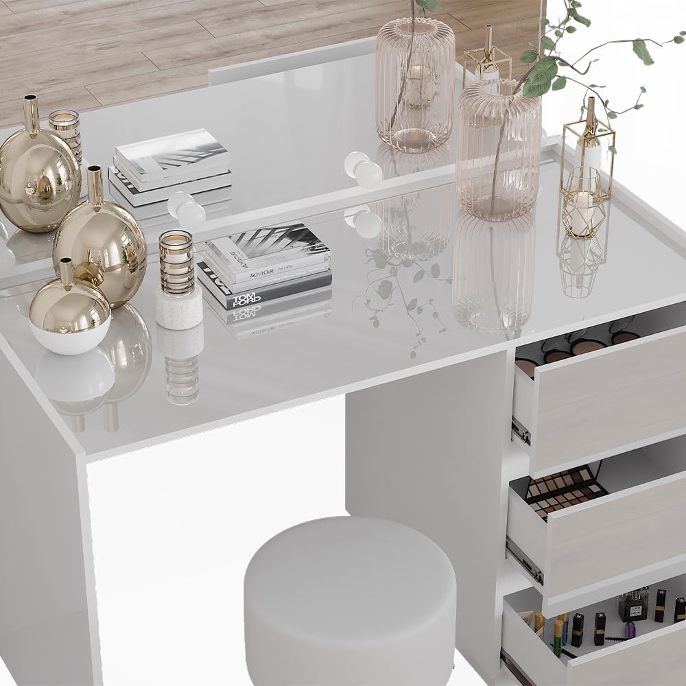 Vicco Schminktisch Marla, Weiß Hochglanz, 120 cm | mit Spiegel, Hocker, LED-Lichterkette, Große Tischfläche für Make-up, Schmuck und Styling-Utensilien
