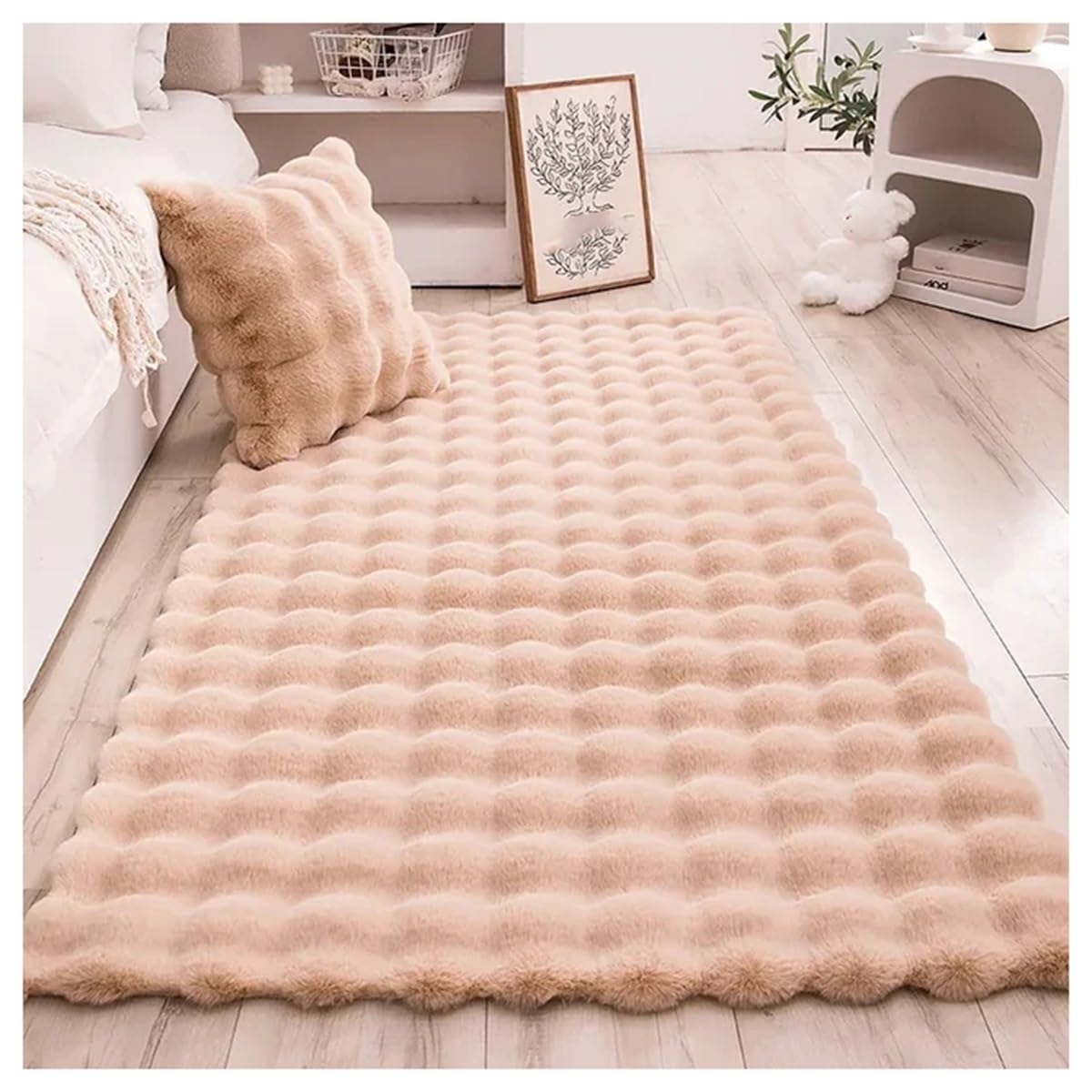 Tapis de sol en peluche kaki douce fausse fourrure pour descente de lit et salon cosy