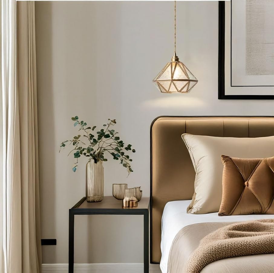 7.9 Inch Geometric Brass Pendant Light, Gold Adjustable Textured Glass Hanging Ceiling Lamp, Mid-Century Modern Diamond Fixture for Kitchen Island Bedroom Dining Room