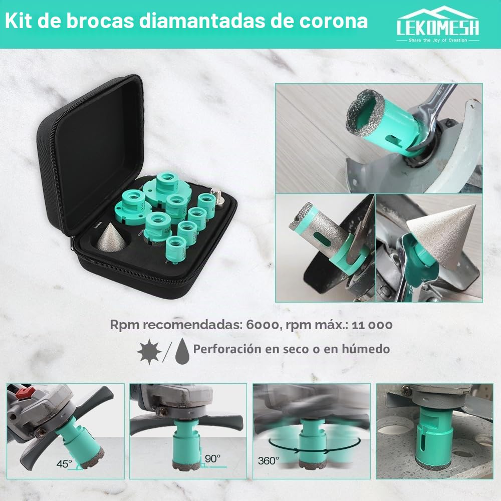 Brocas Coronas para Porcelanico - 10piezas (6/6/8/20/35/50/68mm+10mm Fresa Diamante+35mm Fresa Diamante+50mm Broca Fresado Chaflán+Adaptador) para Porcelánico Cerámica