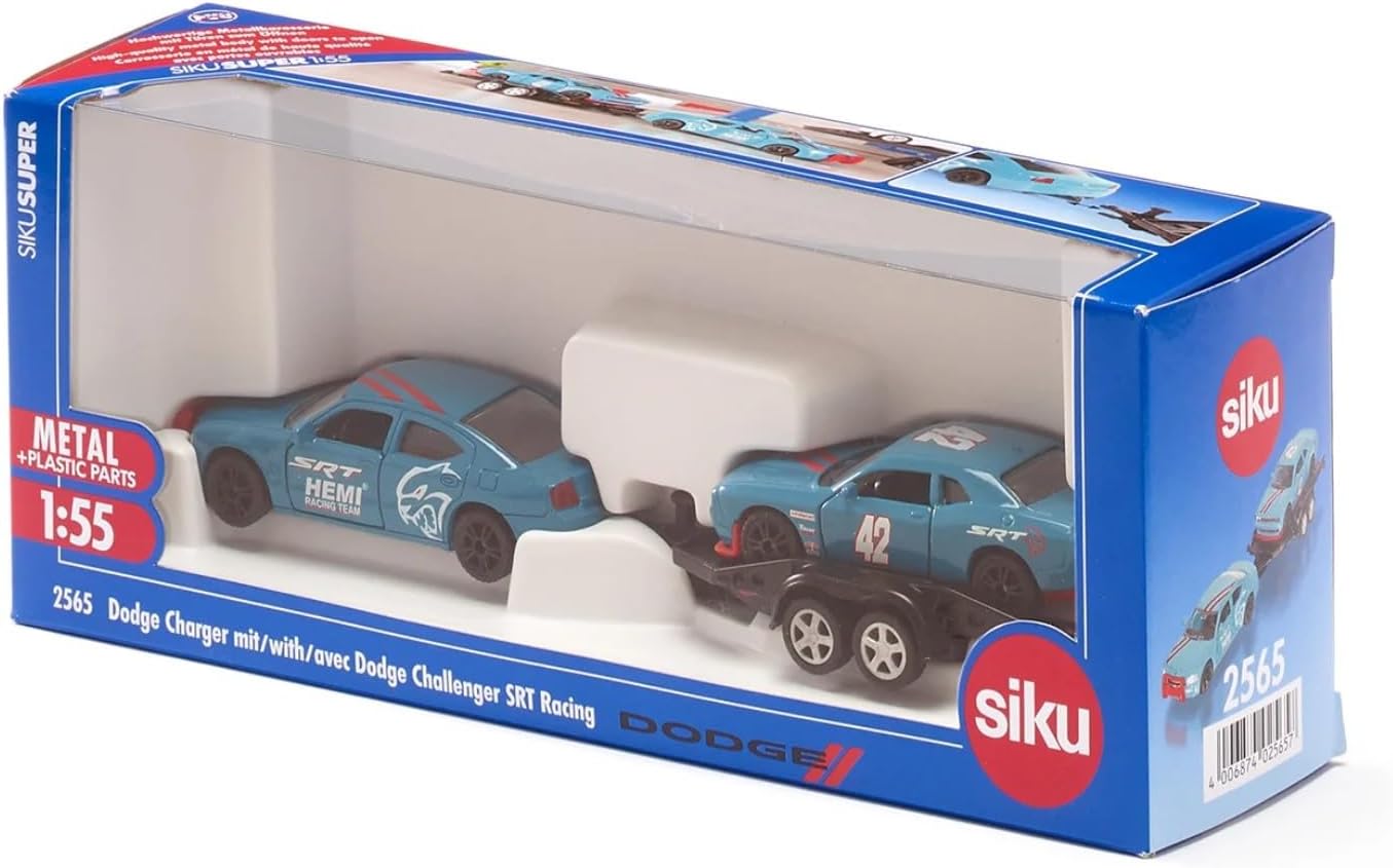 Siku 2565, Dodge Charger with Dodge Challenger SRT Racing, Sky Blue, Metal/Plastic, 1:55, Functional Doors