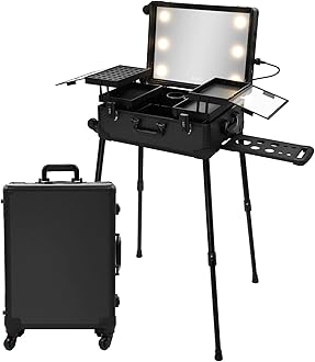 Large Makeup Train Case with Speaker & Code Lock & Full Screen Lighted Mirror & 3 Light Colors Lighted Rolling Cosmetic Organizer, Professional Artist Trolley Studio Free Standing