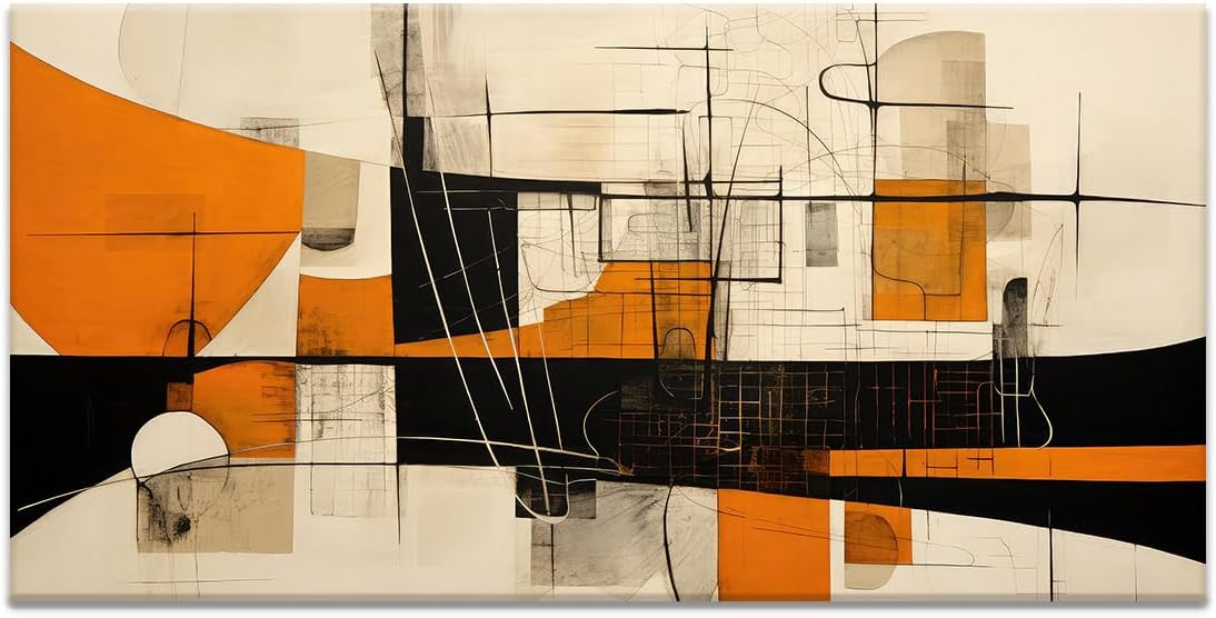 Black and Orange Abstract Wall Art Geometric Painting Neutral Artwork for Home Office Decor