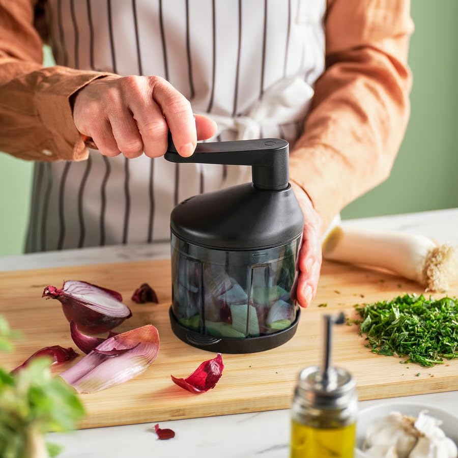 Image of STENSNULTRA Vegetable Chopper, Black Grey-Turquoise /Transparent, Stainless Steel Blade, 19x13 cm, with Non-Slip Bottom, Rotating Handle