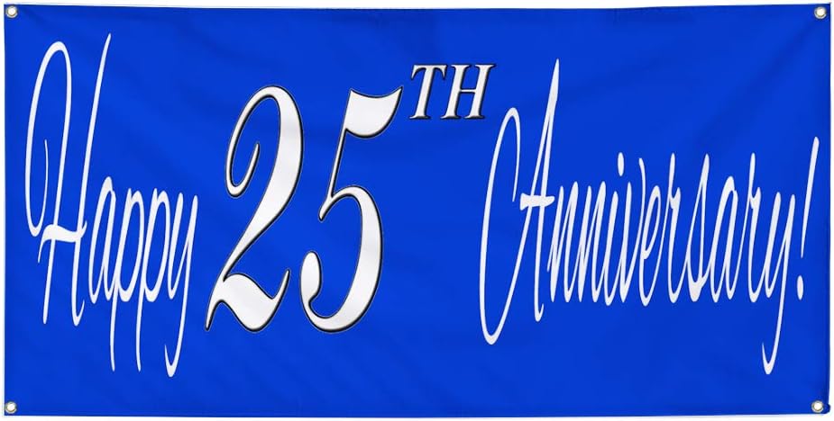 Vinyl Banner Multiple Sizes Happy 25Th Anniversary Blue A Lifestyle Outdoor Weatherproof Industrial Yard Signs Blue 4 Grommets 16x40Inches
