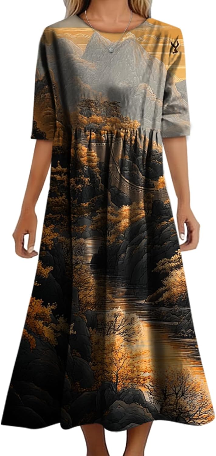 Women's Summer Maxi Dress Casual Boho Stylish Cotton Short Sleeve Flowy High Waist Long Beach Sundress