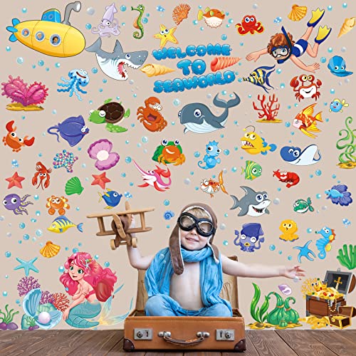 Ocean Fish Wall Decals Undersea Mermaid Wall Stickers Removable Ocean Wall Decals Watercolor Ocean Animal Stickers For Kids Bathroom Bedroom Playroom Decoration #TOP7