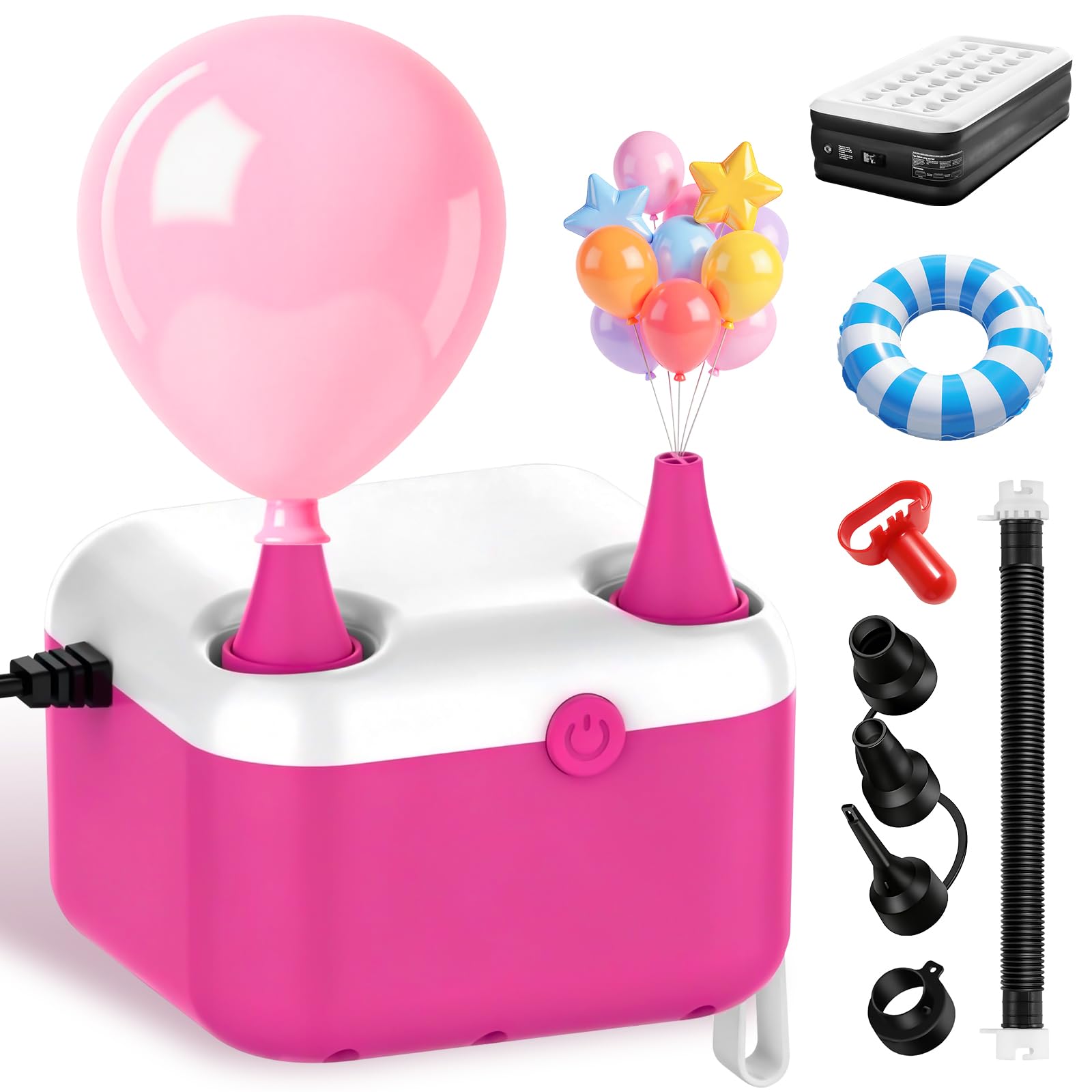 Luftballonpumpe Elektrische, 3-in-1 Elektrische Luftpumpe, Ballonpumpe mit 2 Luftdüsen zum Aufblasen/Entleeren von Poolschwimmer, Luftmatratzen und Luftballons für Dekorationen Party (Rosa)