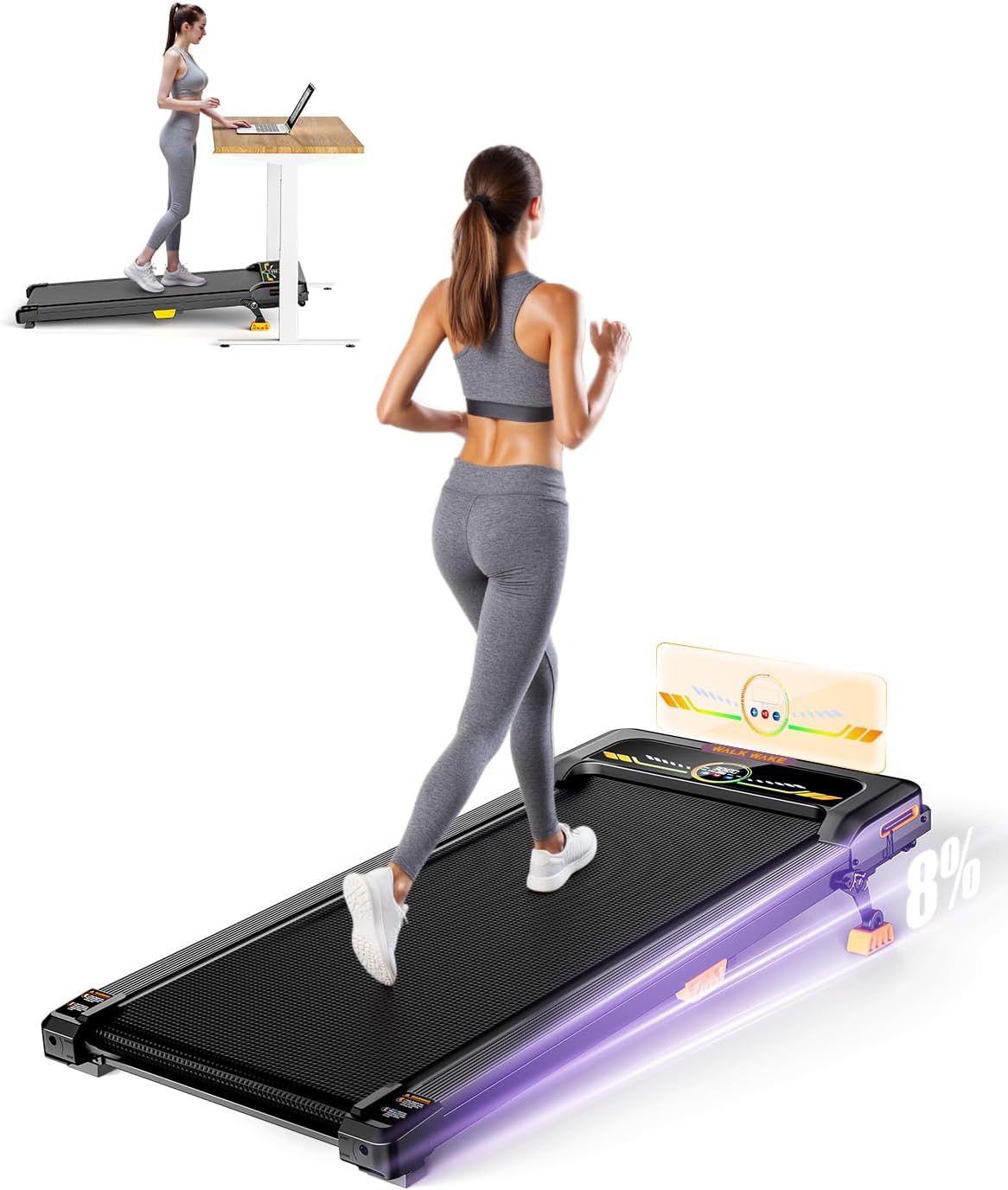 Walking Pad Treadmill, WALKWAKE 8% Incline Walking Pads, Compact Under Desk Treadmill for Home, 330lb Capacity 2.5HP Running Machine for Walking Jogging with LED Display