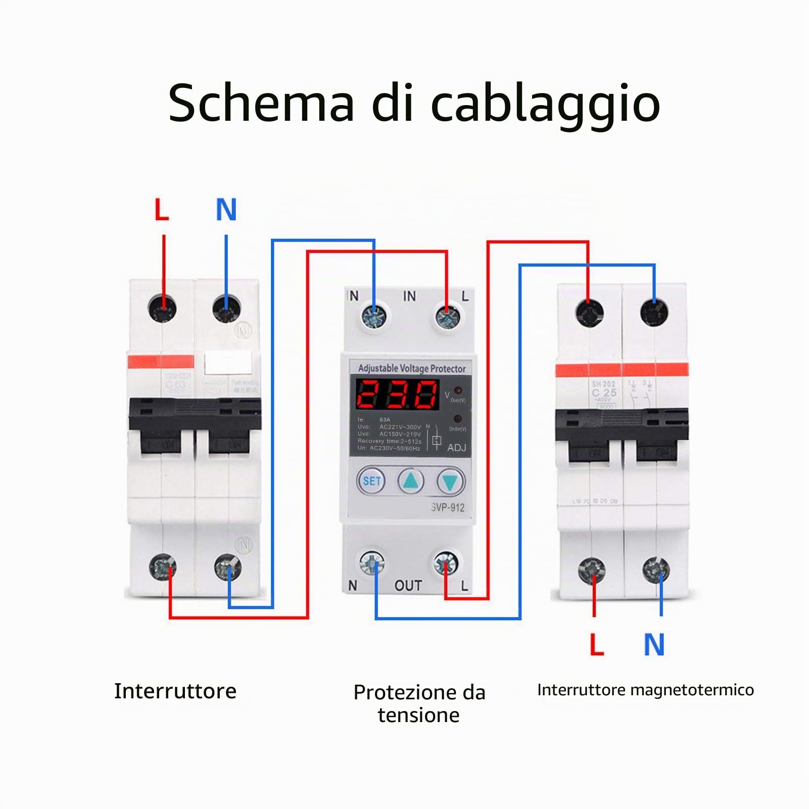 Regolatore di tensione 230v,Relè di protezione di tensione,230 V sotto protezione contro le sovratensioni relè di protezione di recupero regolabile voltmetro Svp-912(63a)