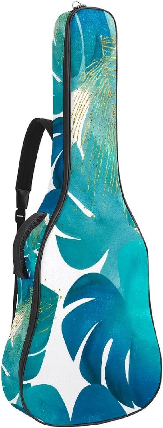 Turquoise Palm Monstera Leaves Gold Doodle Lines Acoustic Guitar Gig Bag, 1 cm Thick Padding Waterproof Guitar Bag Backpack for 40 41 42 Inch Electric Bass Classical Guitars