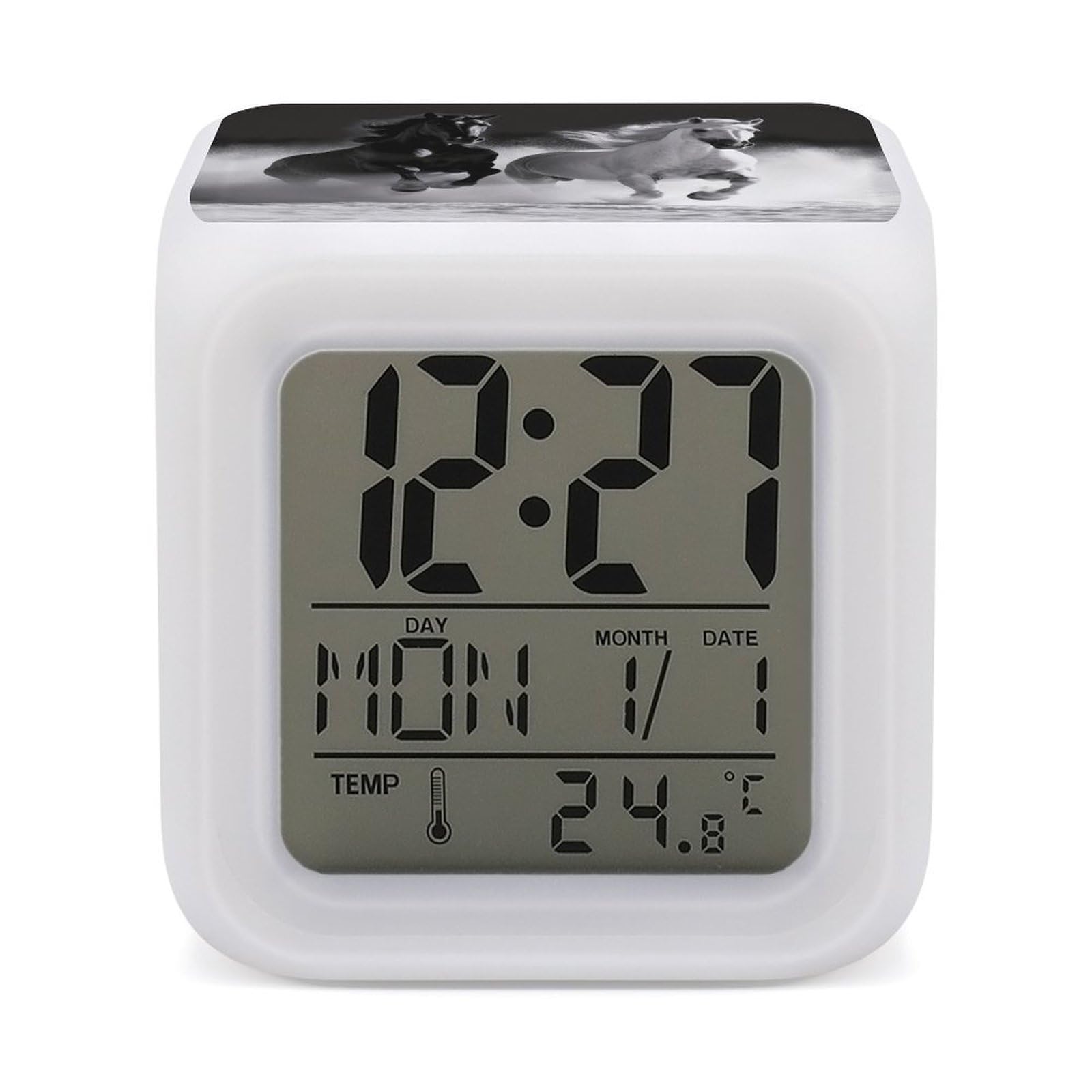 Reloj despertador digital para dormitorio juvenil con luces de colores y motivo de caballos