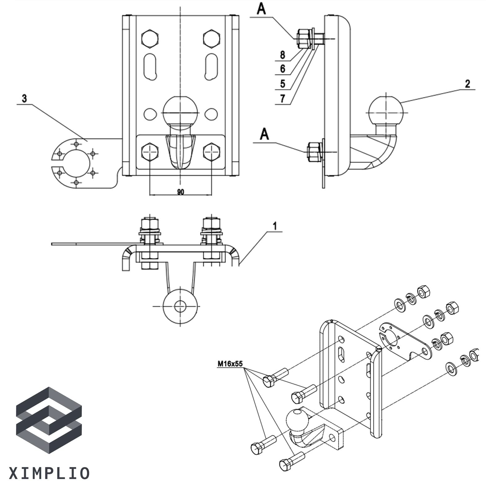 XIMPLIO Plaque d'adaptation universelle pour hauteur de boule avec ABE pour attelage de remorque, plaque de fixation AHK 2 trous 90 mm/4 trous 83 x 56 mm (avec vis 4 x M10)