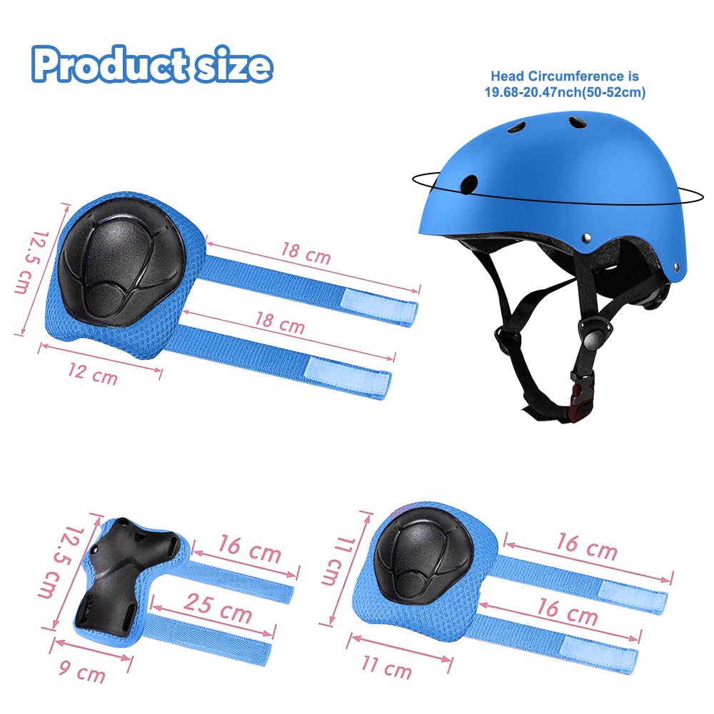 Set di Casco Protezione Bambini, 5 in 1 Casco Bici Protezioni Set per 3-11 Anni Regolabile Polso Ginocchiere Protezione per Skateboard Hoverboard Pattini in Linea(Blu)