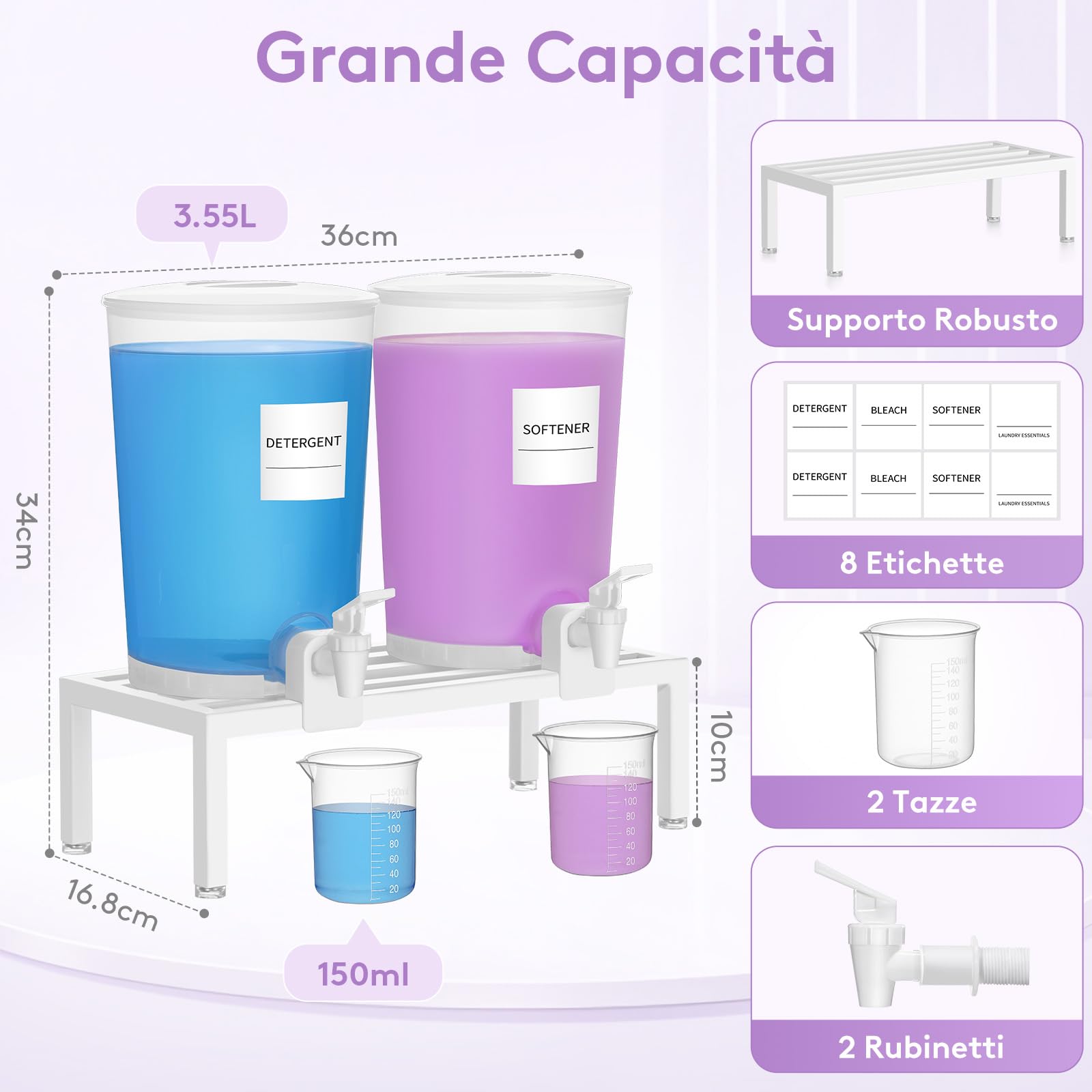 Lifewit 2 Pezzi Dispenser Detersivo Lavatrice 3.55L, 120 fl oz/3,5L Contenitore Detersivo Polvere in Plastica PET Trasparente, Dosatore Detersivo Lavatrice Multifunzionale per Bucato con Etichette