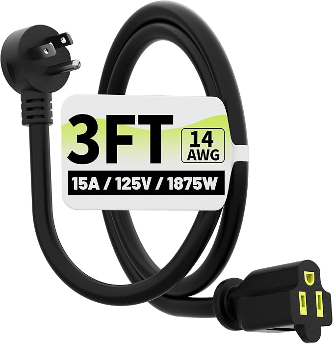 Vockjour 3 FT 14 Gauge Low Profile Flat Plug Extension Cord Black | Heavy Duty Extension Cord, 14AWG 3-Wire Grounded Appliance Extension Cord, 15A/125V/1875W, SJTW, ETL Listed, Indoor/Outdoor