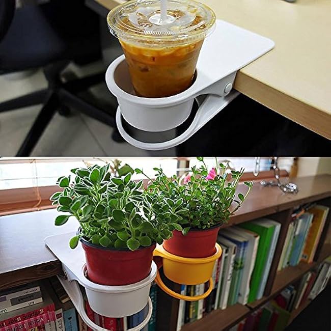 Drinking Cup Holder - Home Office Table Desk Side Huge Clip for Water, Drink, Beverage, Soda, Coffee Mug, Potted Plant, Headphones, Date, USB Cable, Pen Storage Saucer (White)