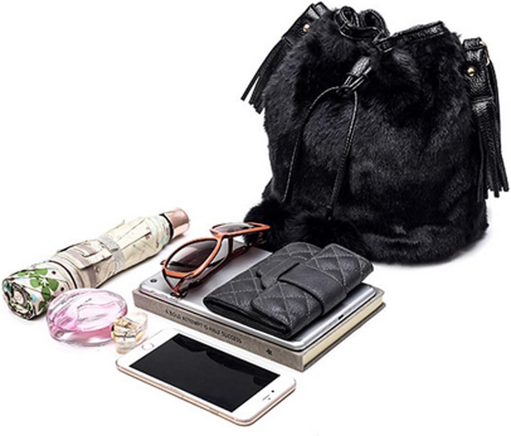Van Caro Women’s Faux Fur Drawstring Bucket Bag Shoulder Crossbody Bag
