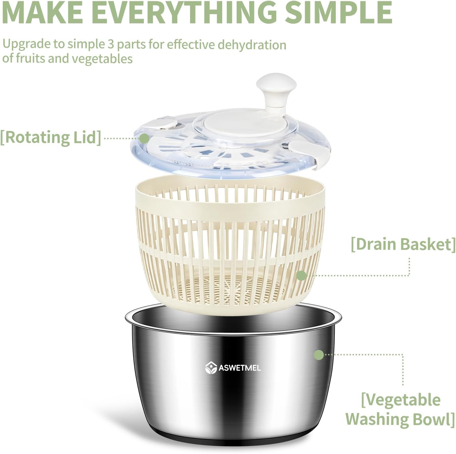Stainless Steel Salad Spinner Large 5.3QT, ASWETMEL Stainless Salad Spinner with Non-Slip Base Lettuce Spinner, Salad Dryer Spinner for Vegetables & Fruits, Vegetable Washer, Beige