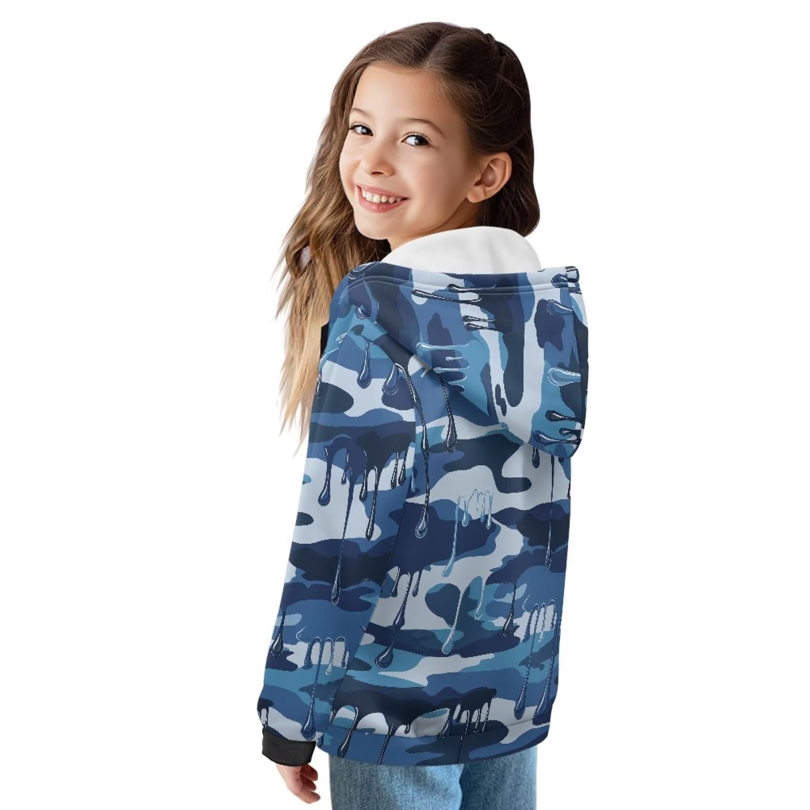 Xoenoiee Dziecięce bluzy z kapturem dla chłopców, zapinana na zamek, bluza 3D, fajna grafika zwierzęca, sweter z długim rękawem, top na jesień i zimę, Niebieski kamuflaż, 12-14 Years