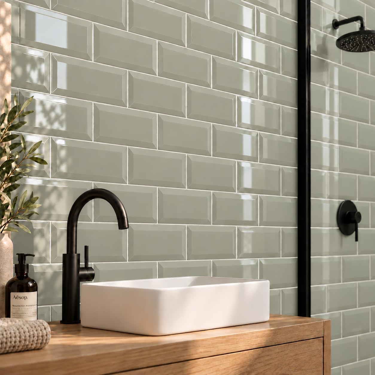 Metro Green Sage Ceramic Wall Bathroom Tile Subway Brick Effect 100mm x 200mm Bevelled Edge Kitchen Tiles Gloss Finish 1m2 Box of 50